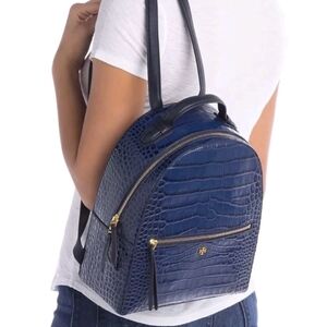 Tory Burch Navy Blue Crocodile-Embossed Backpack